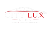 City Lux Limo luxury chauffeur and black car service logo with elegant car silhouette on black background